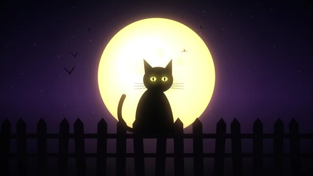 Black cat silhouette sits on a fence under a large full moon at night with birds flying
