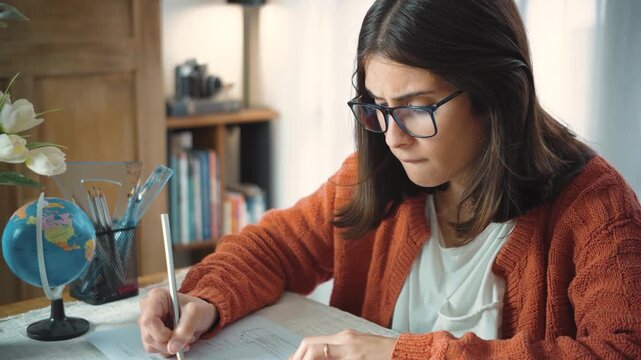 Young Latina woman studying at her desk before becoming frustrated and tearing up her papers. Concept of academic stress, frustration, exam pressure, student struggles, emotional exhaustion, and the c