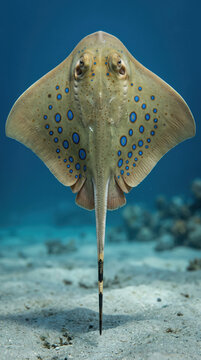 Bluespotted Ribbontail Ray (Taeniura lymma) Swimming Vertically Over Sandy Coral Reef Seabed