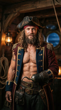 Rugged Pirate Captain with Hook Hand and Tricorn Hat in Wooden Ship Cabin