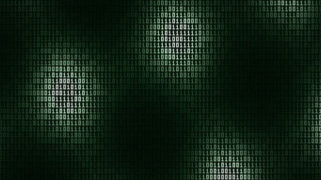 Digital stream of binary code flowing through a dark green abstract background with light effects