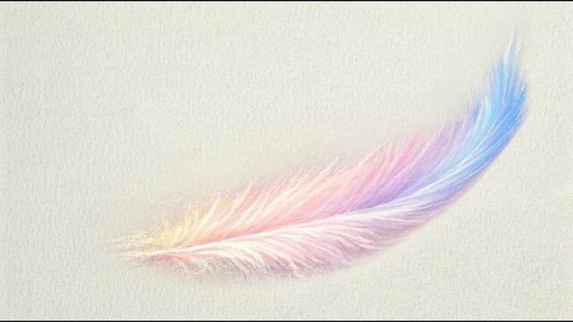 A single pastel colored feather lying on a white surface