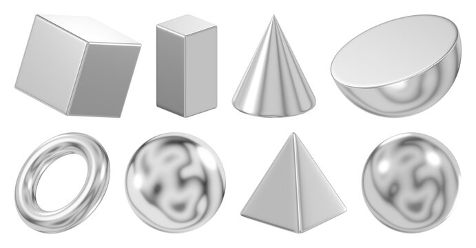 PNG Shiny geometric 3D silver shapes on transparent background