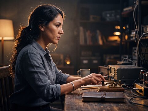 Hispanic Woman Tapping Morse Code Signals with Dramatic Rim Lighting