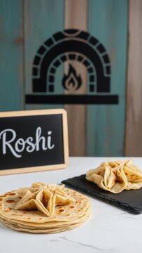 Origami-folded Maldivian Roshi flatbread on charcoal slate, featuring a chalkboard and aged teak background with a traditional oven symbol and vast top copy space.