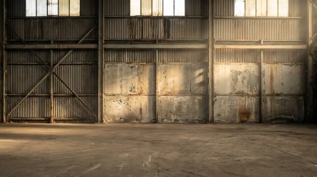 Industrial warehouse interior featuring weathered corrugated metal walls, aged concrete flooring, and natural sunlight streaming through high windows