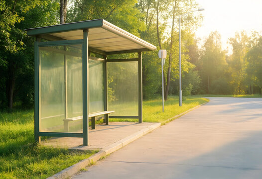 Public transportation and urban mobility, empty bus stop shelter on a quiet suburban road during golden hour with soft sunlight and green trees