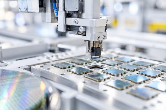Close-up of Silicon Dies Attached to Substrate During Computer Chip Manufacturing, Illustrating Microchip Production and Packaging Process at a Semiconductor Factory.