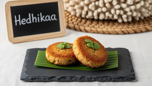 Crisp Maldivian Hedhikaa tuna patties on a banana leaf and slate with micro cilantro, featuring a chalkboard and woven kunaa mat background with coral texture and copy space.