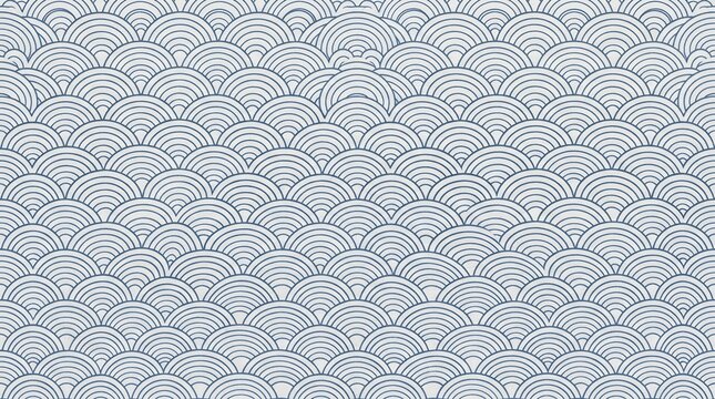 Traditional blue and white wave pattern featuring repetitive semicircular scales in a classic oriental graphic design style.
