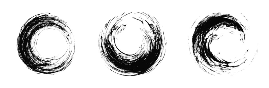 Set of abstract black vector grunge round splash frames with splatter. Circular ink brush stroke lineal shapes borders, clouds for speech texts, advertisement, expressive complicated swirl