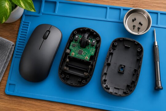 Computer Mouse with Replacement Glide Pads on a Repair Mat