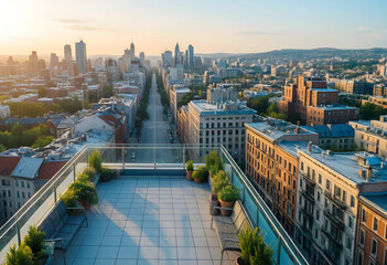 Fototapeta premium Urban living and city lifestyle, rooftop terrace overlooking a metropolitan skyline at sunset with modern architecture and residential buildings