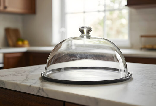 Food safety and hygiene concept, empty glass cloche on marble kitchen counter for culinary presentation and restaurant service in a home environment