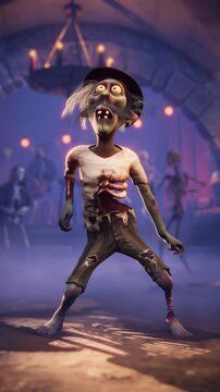 Funny cartoon zombie and skeletons dancing at Halloween party in a gothic dungeon pub, 3D animation