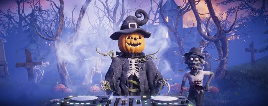 3D animation of a funny scarecrow DJ with a pumpkin head as skeletons and zombies dance at a Halloween party in a gothic haunted graveyard.