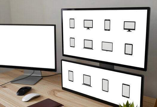 Responsive web design and cross platform development, multiple computer screens showing digital device icons on a wooden desk in a modern office workspace