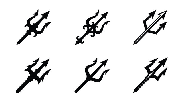 Black vector graphic illustration showing six unique trident spear symbols designed with sharp points and curves