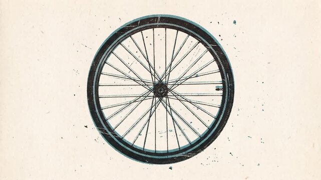Bicycle wheel spinning, two-colour halftone screenprint on aged newsprint, seamless loop