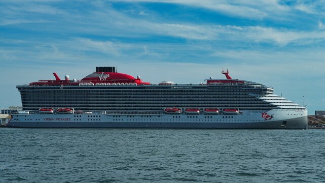 New York, NY, USA - October 2, 2026: The Virgin Voyages cruise ship Valiant Lady docked at the Brooklyn waterfront.