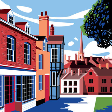Traditional English cityscape with old brick stone buildings and houses in the street and church in the background. Handmade drawing vector illustration.