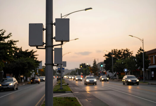Traffic monitoring and urban surveillance, smart city technology with sensors on a street pole during sunset with blurred cars driving on a road