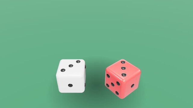 A white and a pink dice tumble and land on a green background showing different numbers