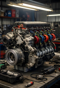 Automotive engineering and mechanical maintenance, high performance car engine repair in a professional workshop with specialized tools and equipment