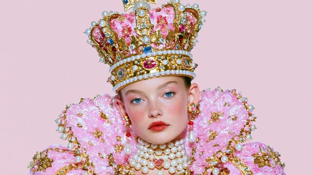 Extravagant fashion portrait of a young woman wearing an ornate jeweled gold crown, pearls and a dramatic pink royal costume against a pastel pink background
