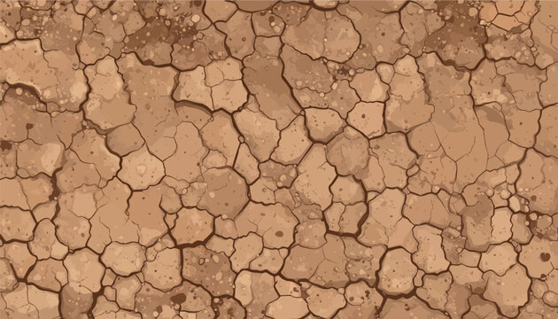 Seamless vector background of dry cracked earth texture in beige and brown tones. Cracked soil surface illustration for desert design, eco backdrop, climate change banner, or grunge overlay.