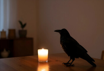 Fototapeta premium Mystery and gothic atmosphere, black raven standing on a wooden table next to a glowing candle in a dark room for halloween or occult storytelling