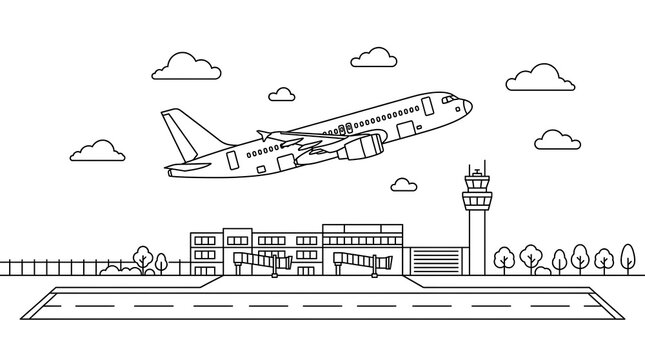 Minimalist line drawing of an airplane taking off from an airport runway with control tower and terminal buildings under a