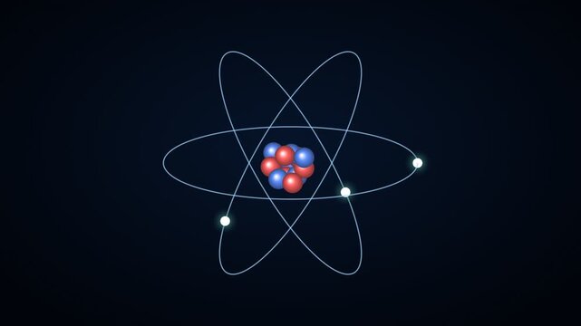 Atomic structure visualization showing electron orbits and nucleus with protons and neutrons in a dark background