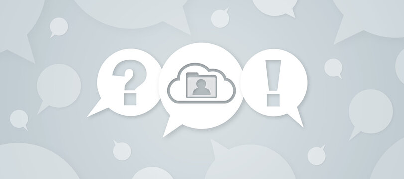 A minimalist graphic designed for a website FAQ section featuring chat bubbles, a question mark, a cloud with a profile folder icon, and an exclamation mark.