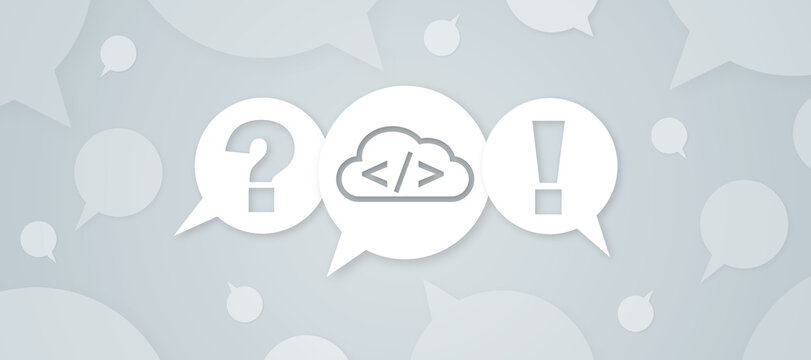 Graphic illustration for a website FAQ section featuring speech bubbles with a question mark, exclamation point, and a cloud code symbol representing web development help.
