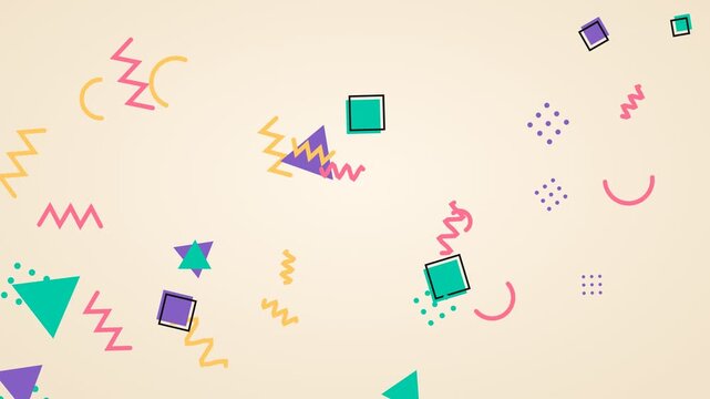 Retro 90s Memphis Style Geometric Shapes Animation Background with Triangles Squares Zigzags and Dots Fading Out