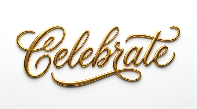 Golden calligraphy word celebrate with elegant cursive lettering on white background