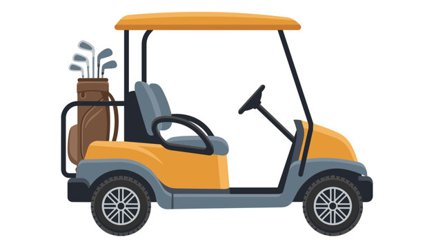 Yellow golf cart vector illustration carrying a brown bag filled with steel clubs isolated on white background