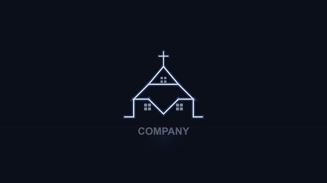 Minimalist White Church Logo Animation Loop Featuring Digital Line Art Style On Black Background