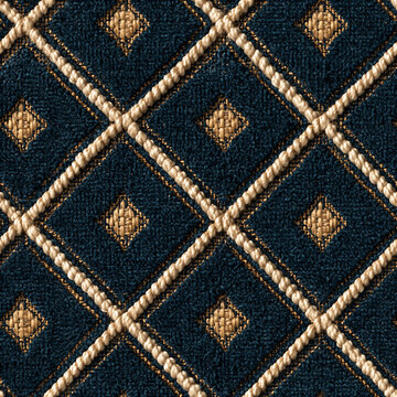 Seamless pattern blue fabric with beige rope like elements forming a repeating geometric diamond pattern, creating an elegant textile texture