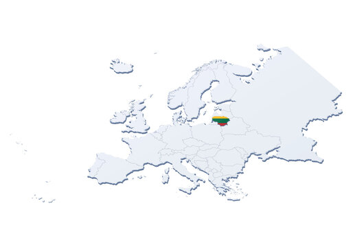 3D Europe puzzle map highlighting Lithuania with its national flag, isolated on transparent background