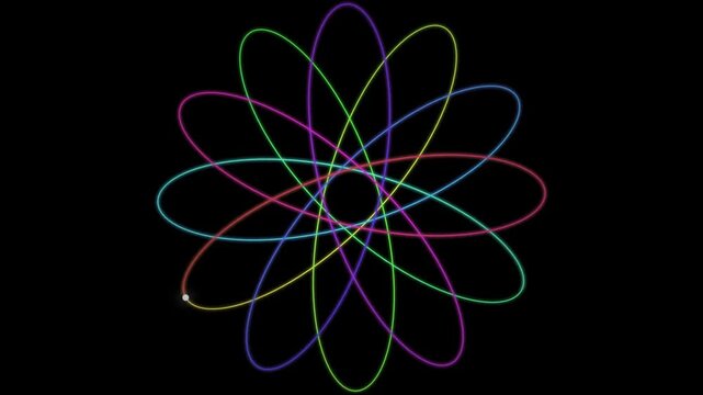 A vibrant digital animation featuring a single luminous point tracing beautiful rotating elliptical patterns on a dark background creating a hypnotic geometric flower effect