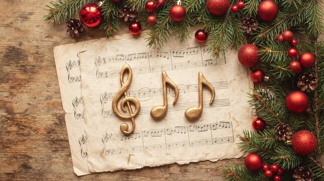 Christmas decorations on music sheets