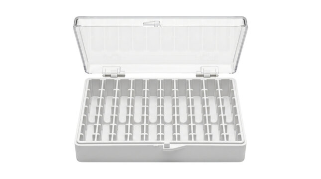 Empty white plastic battery storage case, transparent lid, organized power cell holder for AA and AAA batteries, essential electronic accessory.