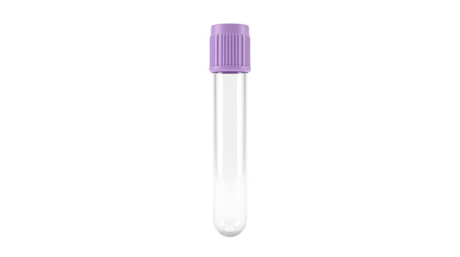 Medical blood collection tube, clear empty glass test tube with purple cap, essential laboratory equipment for diagnostics and research, sterile sample container for healthcare and science.