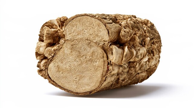 A single piece of dried Pueraria mirifica root isolated on a clean white studio background