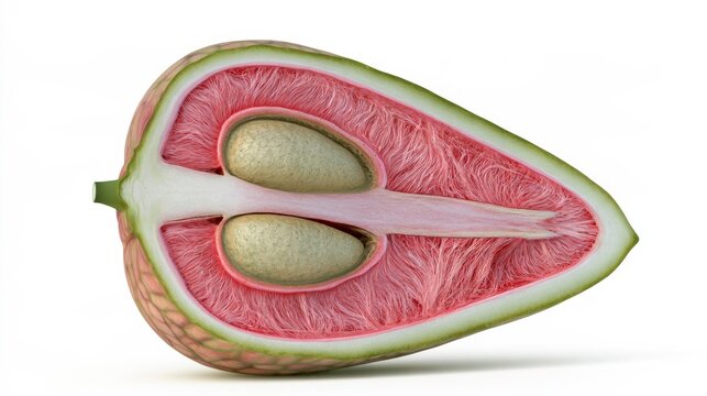Cross section of a fresh star apple fruit showing vibrant pink pulp and smooth seeds inside