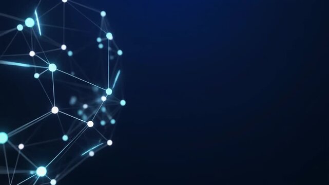 Three-dimensional network of small white and ice blue glowing nodes and lines