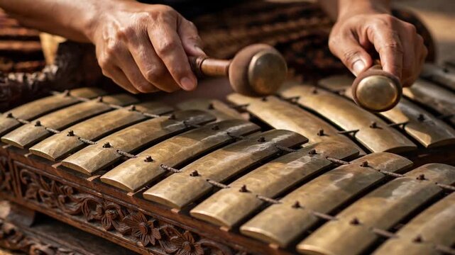 Close up of musician hands playing a traditional gamelan percussion instrument striking brass bars with wooden mallets to produce cultural music