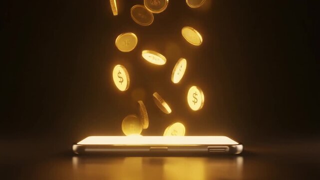 Small glowing generic golden coin shapes slowly floating upward from a smartphone